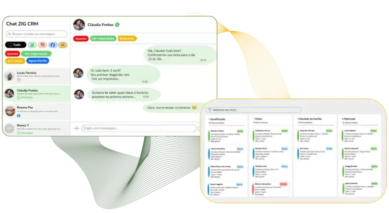 Chat integrado e funil de matr&iacute;culas do ZIG CRM para escolas